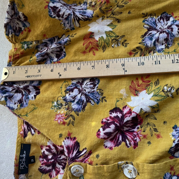 RD Koko Linen Shirt Women 2X Yellow Floral Button Up Top Front Tie V Neck Blouse - Picture 7 of 10